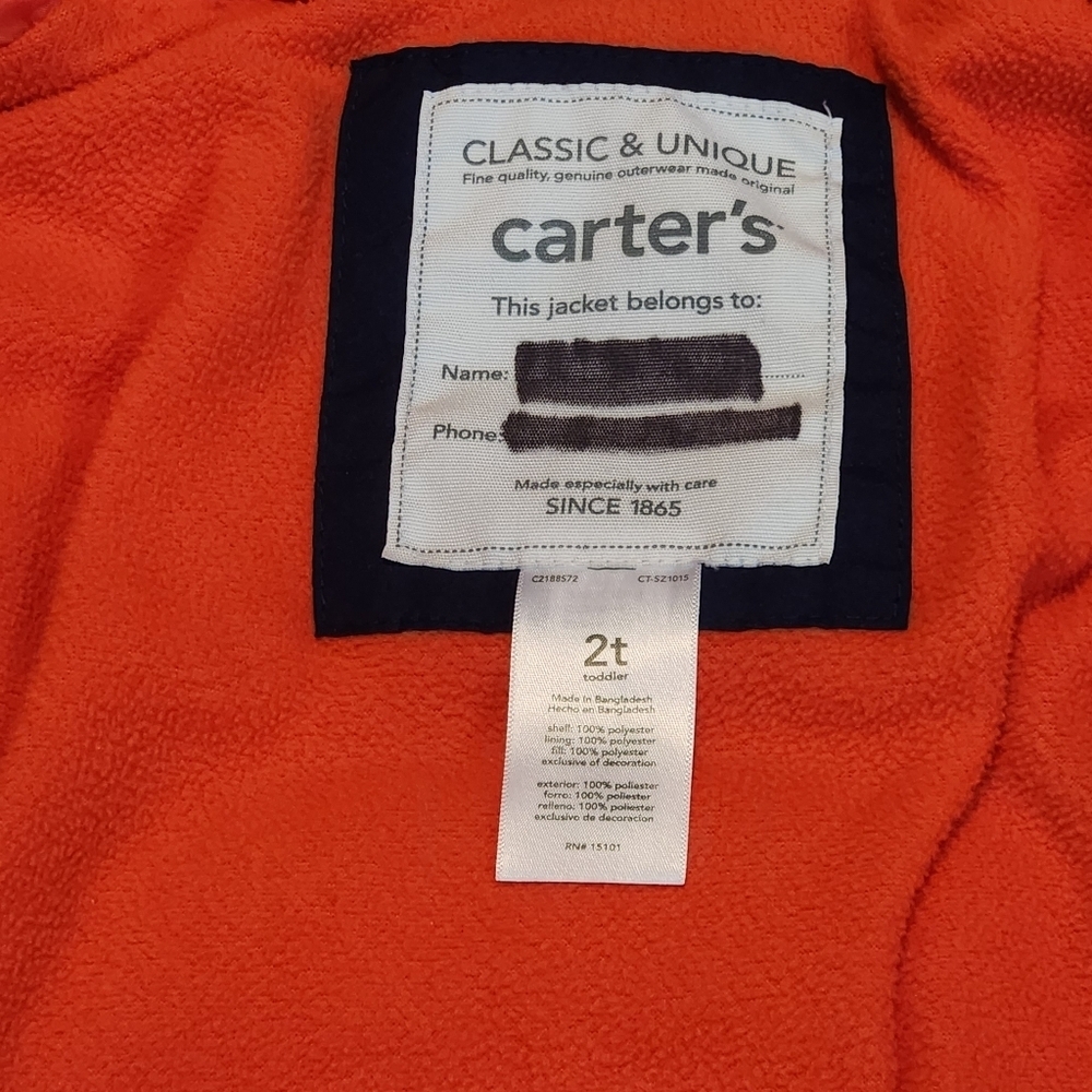 Carter's Toddler Boy Blue And Orange Hooded Quilted Puffer Winter Jacket Size 2T - Picture 8 of 10